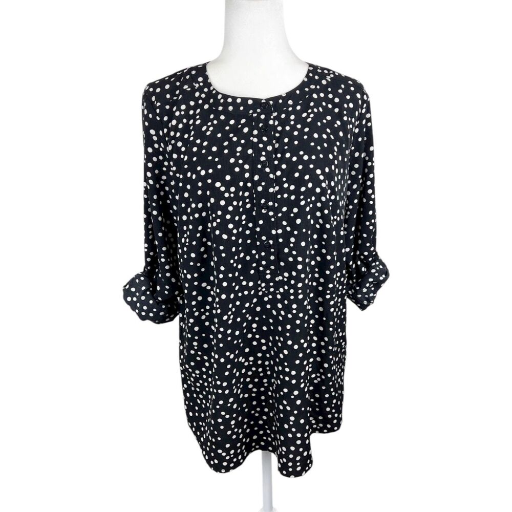 Renee C Blouse Women Small Black White Polka Dot Long Sleeve Henley Casual